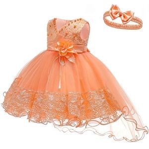 Baby Toddler Lace Dress Girl Party Dress - Orange/Peach